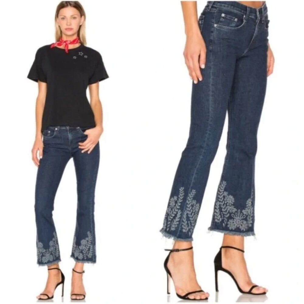 Rag & Bone Indigo Embroidered Crop Flare Denim Jeans